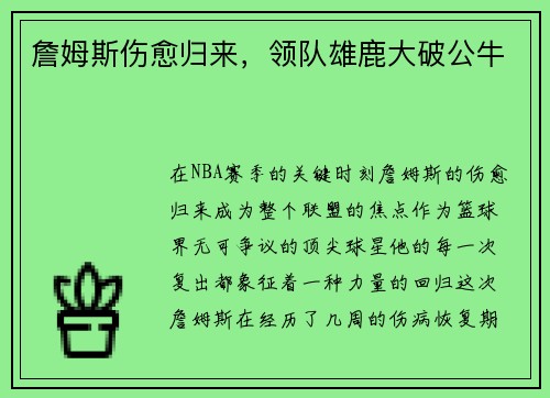 詹姆斯伤愈归来，领队雄鹿大破公牛