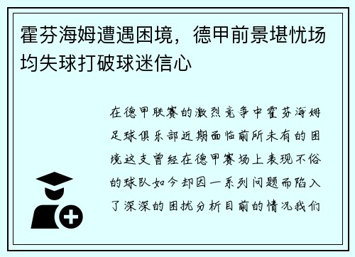 霍芬海姆遭遇困境，德甲前景堪忧场均失球打破球迷信心